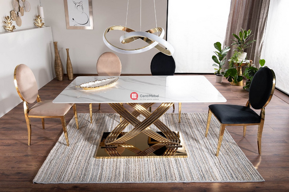 CentrMebel | Стол обеденный прямоугольный керамика (эффект мрамора) 160Х90 HERMES (Белый (эффект мрамора)/Золото) 11