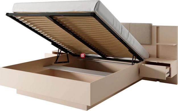CentrMebel | Кровать с подъемным механизмом, ящиком, мягким изголовьем, прикроватными тумбами и освещением 160*200 для спальни DAST (бежевый) 2
