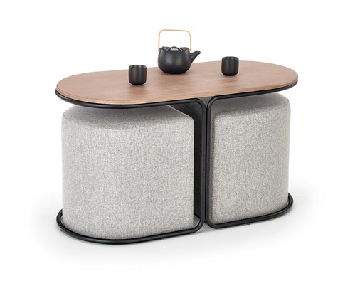 CentrMebel | Комплект PAMPA, Журнальный стол + 2 пуфа (орех/черный, серый) 1